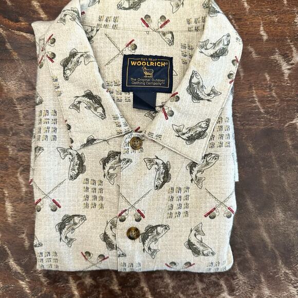 Woolrich Fishing Short Sleeve Shirt L Bass Fish Rod Print Button Up Cotton - Picture 7 of 8